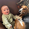 Kayden is registered to the contest to win money with this photo: baby, infant, dog, beagle, couch, brown_couch, smile, happy, pet, child, indoor, person, animal, fur, face, clothing, relaxing, companionship, home, cute