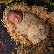 Emilio a rejoint le concours — aidez-le/la à gagner de superbes lots ! newborn, baby, swaddled, sleeping, blanket, wrap, wooden_bowl, fluffy, soft_texture, infant, peaceful, portrait, greenery, natural_light, cozy, resting, closeup, cute, indoors, serene