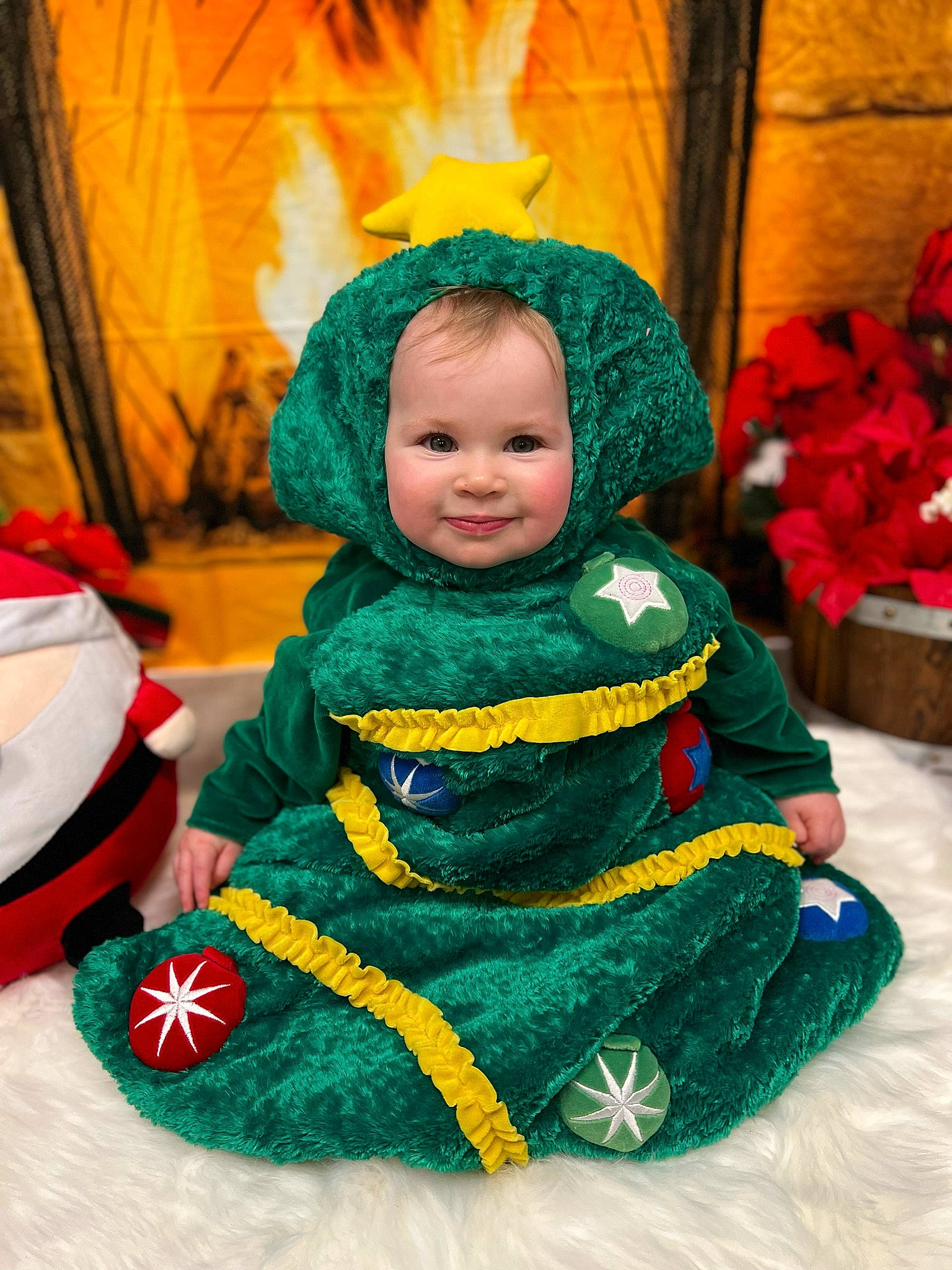 Halo is registered to the contest to win money with this photo: baby, baby_toddler_clothing, carmine, child, christmas, christmas_eve, costume, costume_hat, event, fictional_character, flower, fun, grass, happy, holiday, joy, person, sitting, smile, toddler