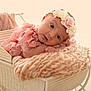 baby, infant, pink, headband, flower, blanket, carriage, vintage, soft, pastel, portrait, cute, sleepy, newborn, lace, resting, cozy, child, face, hands