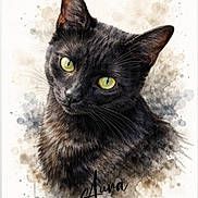 Aura a rejoint le concours — aidez-le/la à gagner de superbes lots ! black_cat, cat, green_eyes, portrait, watercolor, artistic, paint_splashes, drips, animal, pet, whiskers, ear, feline, head_tilt, close_up, face, name_text, signature, illustration, creative