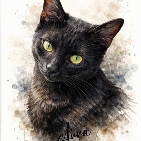 Aura a rejoint le concours — aidez-le/la à gagner de superbes lots ! black_cat, cat, green_eyes, portrait, watercolor, artistic, paint_splashes, drips, animal, pet, whiskers, ear, feline, head_tilt, close_up, face, name_text, signature, illustration, creative