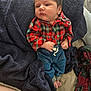Nicolas joined the competition — help win amazing prizes! baby, infant, plaid_shirt, blue_jeans, blanket, soft_texture, clothing, person, newborn, lying_down, indoors, cute, small_hands, feet, bed, comfort, casual_wear, relaxed, portrait, child