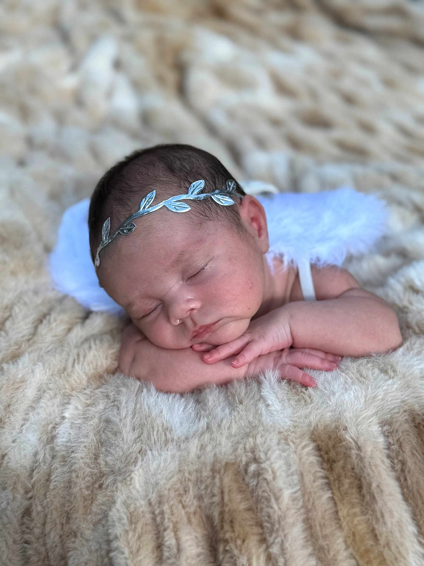Averie joined the competition — help win amazing prizes! baby, sleeping, angel, headband, wings, blanket, soft, peaceful, infant, cute, resting, newborn, portrait, closeup, hands, face, skin, cozy, nap, serene