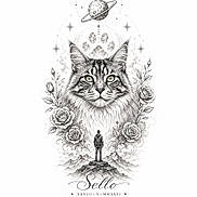Sello a rejoint le concours — aidez-le/la à gagner de superbes lots ! drawing, black_and_white, cat, flowers, roses, mountains, planet, stars, person, tattoo_style, celestial, portrait, line_art, sketch, fantasy, mystical, detailed, artwork, illustration, roman_numerals