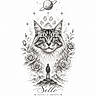 drawing, black_and_white, cat, flowers, roses, mountains, planet, stars, person, tattoo_style, celestial, portrait, line_art, sketch, fantasy, mystical, detailed, artwork, illustration, roman_numerals