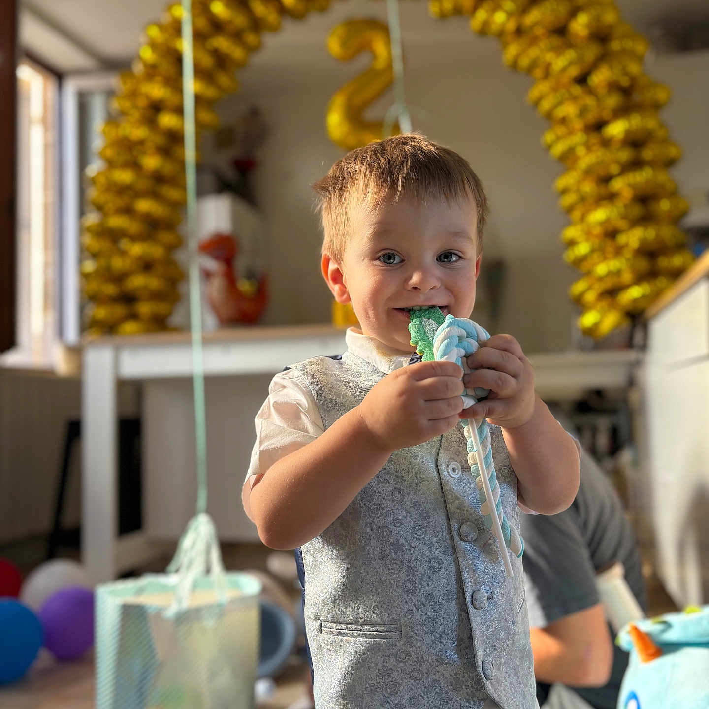 Aaron Brulon a rejoint le concours — aidez-le/la à gagner de superbes lots ! background, balloons, birthday, boy, candy, celebration, child, decorations, floor, gift_bag, happy, indoor, light, number_2, party, person, smiling, toy, vest, window