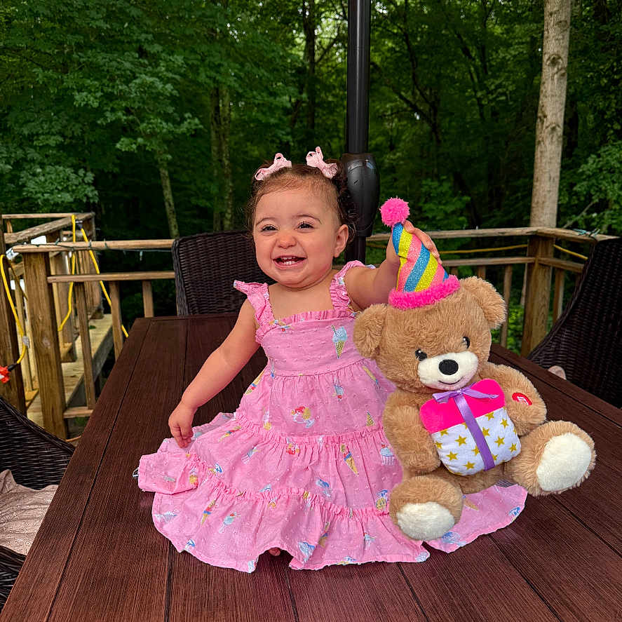 Maria Valentina joined the competition — help win amazing prizes! child, toddler, girl, smiling, happy, portrait, pink_dress, hair_bows, teddy_bear, stuffed_animal, party_hat, outdoor, deck, wooden_table, umbrella, forest, trees, seated, birthday, toy