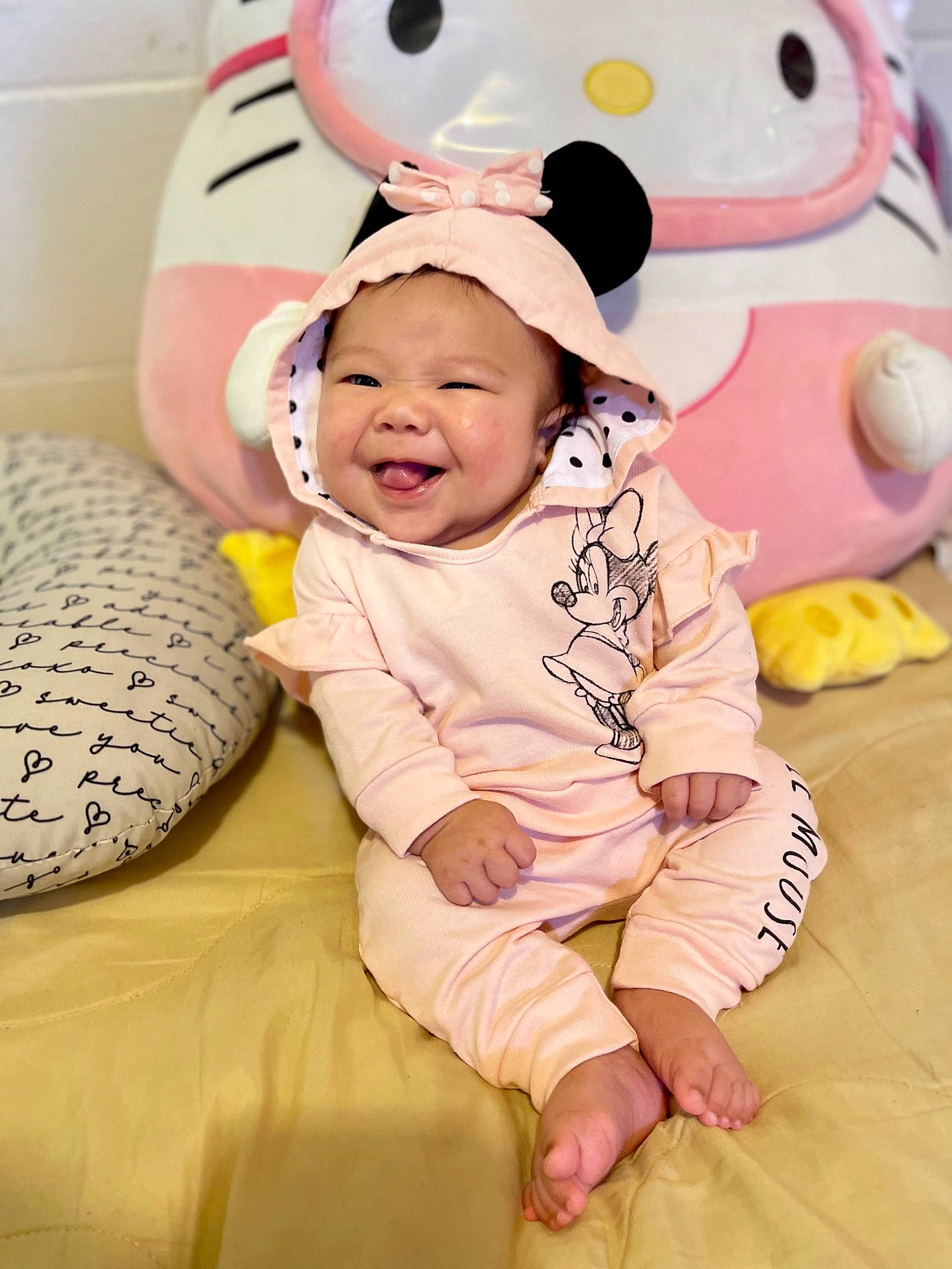 Kealohailawemaliemai is registered to the contest to win money with this photo: baby, baby_toddler_clothing, beauty, cheek, comfort, face, facial_expression, flooring, fun, happy, head, headgear, headwear, person, photograph, pink, product, sleeve, smile, textile