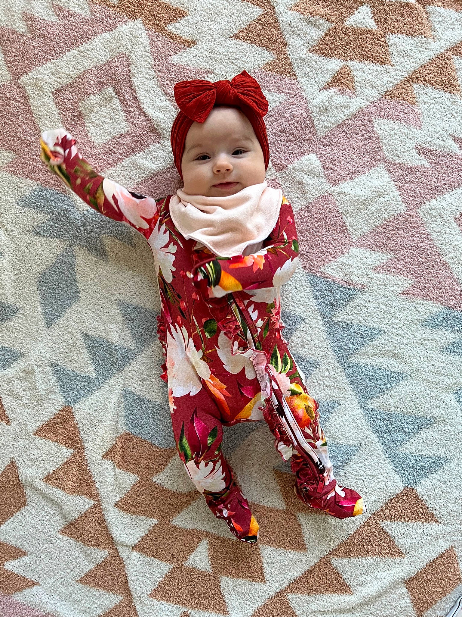 Addilyn joined the competition — help win amazing prizes! baby, baby_products, baby_toddler_clothing, carmine, costume_hat, doll, fashion_design, fictional_character, floor, flooring, happy, headwear, magenta, one_piece_garment, pattern, people_in_nature, person, play, sitting, sleeve