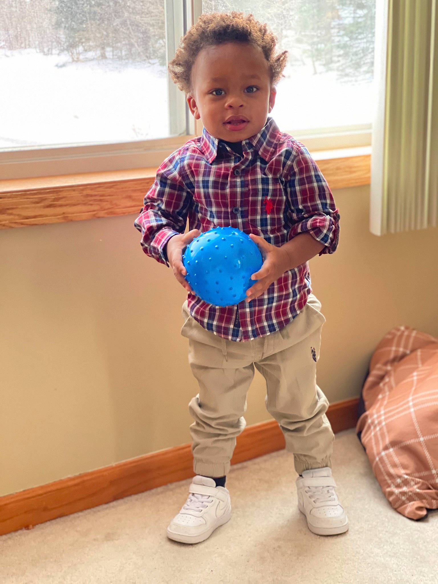Amarion joined the competition — help win amazing prizes! baby_toddler_clothing, curtain, electric_blue, finger, fun, happy, human_body, knee, pattern, person, plaid, shoulder, sleeve, sneakers, sock, t_shirt, thigh, toddler, waist, window