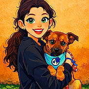 Sunny participe au concours pour gagner de l'argent avec cette photo : bandana, black_sweater, brown_dog, cartoon, cute, dog, earrings, girl, grass, green_eyes, happy, holding_pet, illustration, leash, long_hair, outdoor, paw_print, portrait, smiling, stones