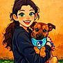 bandana, black_sweater, brown_dog, cartoon, cute, dog, earrings, girl, grass, green_eyes, happy, holding_pet, illustration, leash, long_hair, outdoor, paw_print, portrait, smiling, stones