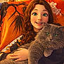 animated_style, cat, close_up, cozy, cute, digital_art, floral_pattern, fluffy_cat, gray_cat, green_eyes, happy, hugging, indoors, long_hair, orange_blanket, portrait, relaxed, smiling, warm_colors, woman