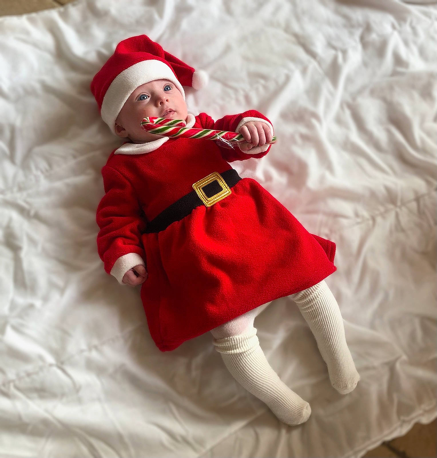 Louise participe au concours pour gagner de l'argent avec cette photo : baby, baby_toddler_clothing, comfort, costume_hat, face, fur, hat, headgear, headwear, holiday, human_leg, lap, leg, linens, outerwear, person, plant, santa_claus, sleeve, sock