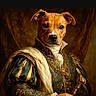 Emy participe au concours pour gagner de l'argent avec cette photo : dog, portrait, costume, historical_clothing, regal, noble, staff, brown, face, animal, painting_style, fancy, serious, indoor, dark_background, artistic, pet, canine, expression, watermark