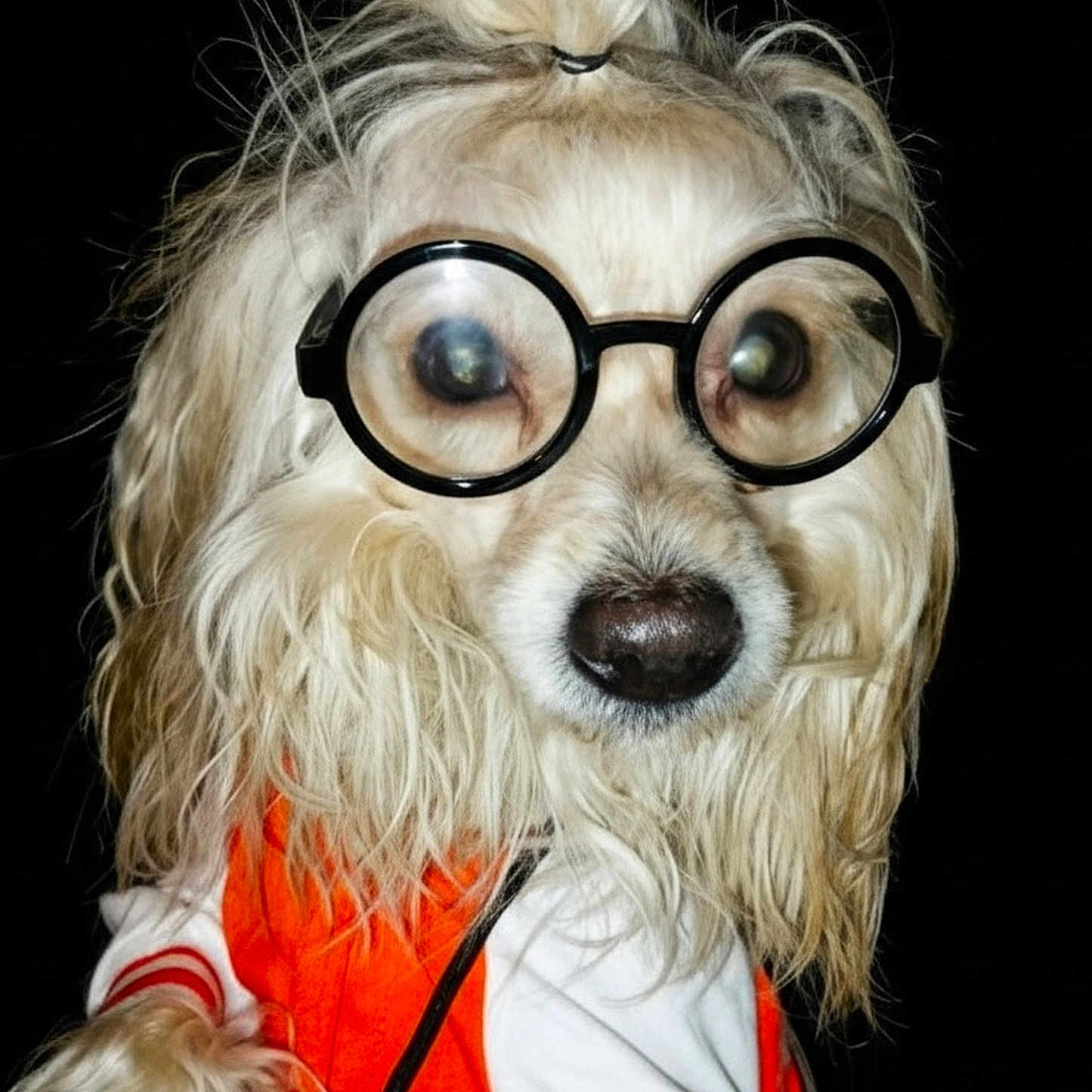 Marcus Shouse is registered to the contest to win money with this photo: animal, black_background, costume, cute, dog, domestic_animal, eyewear, face, fashion, funny, fur, glasses, long_fur, mammal, orange_jacket, pet, portrait, topknot, wavy_fur, white_jacket