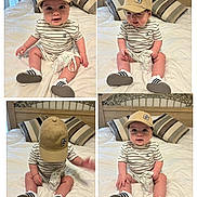 Hector joined the competition — help win amazing prizes! baby, child, striped_onesie, beige_cap, bed, pillow, striped_pillow, diaper_bag, shoe, sitting, cute, expression, indoor, bedroom, soft_lighting, person, infant, playful, curious, casual_clothing