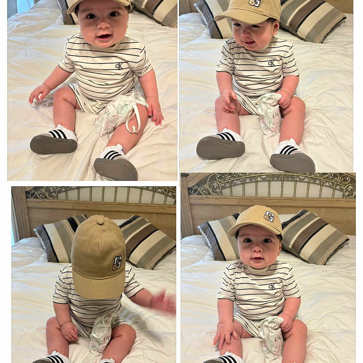 Hector joined the competition — help win amazing prizes! baby, bed, bedroom, beige_cap, casual_clothing, child, curious, cute, diaper_bag, expression, indoor, infant, person, pillow, playful, shoe, sitting, soft_lighting, striped_onesie, striped_pillow