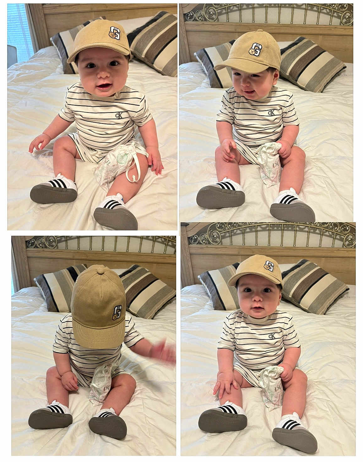 Hector joined the competition — help win amazing prizes! baby, child, striped_onesie, beige_cap, bed, pillow, striped_pillow, diaper_bag, shoe, sitting, cute, expression, indoor, bedroom, soft_lighting, person, infant, playful, curious, casual_clothing