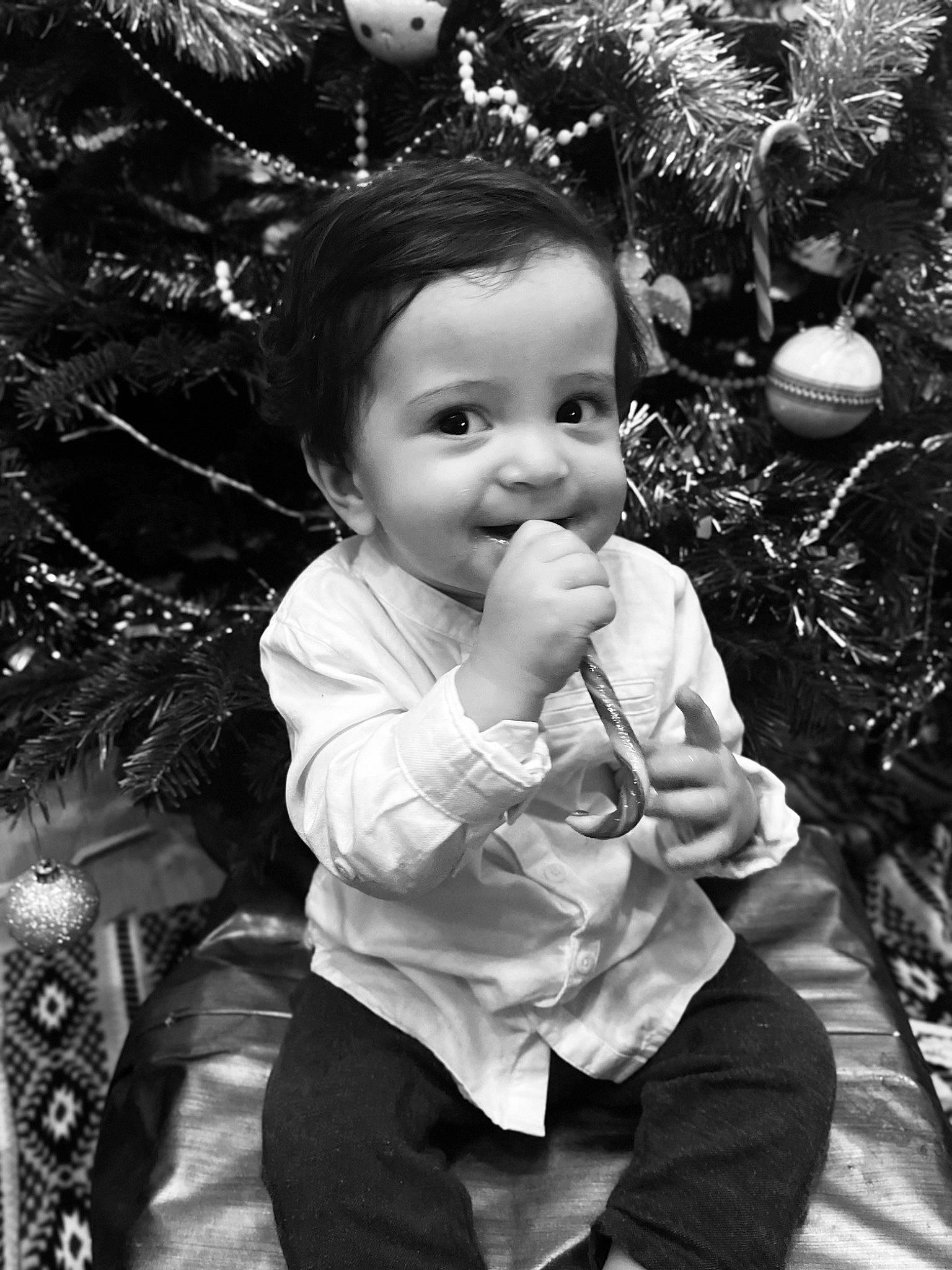 Edward participe au concours pour gagner de l'argent avec cette photo : baby, black, black_and_white, cheek, child, christmas_ornament, christmas_tree, doll, event, gesture, happy, holiday_ornament, monochrome, monochrome_photography, ornament, people_in_nature, person, photograph, smile, toddler