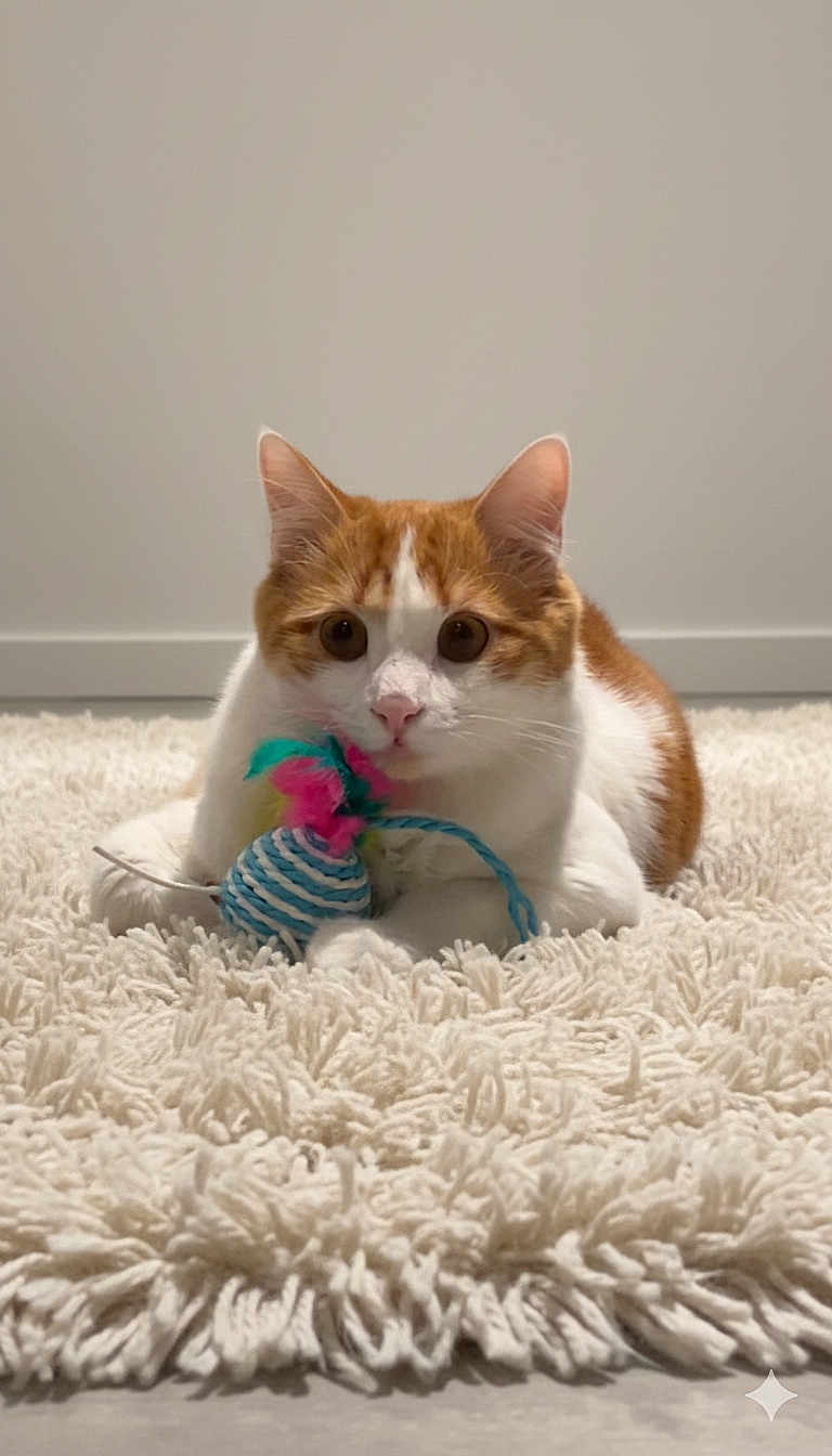 Bincks participe au concours pour gagner de l'argent avec cette photo : cat, orange_and_white, toy, feathers, fluffy_rug, carpet, indoor, pet, cute, animal, whiskers, paws, playful, feline, closeup, curious, domestic_cat, soft_texture, relaxed, eye_contact