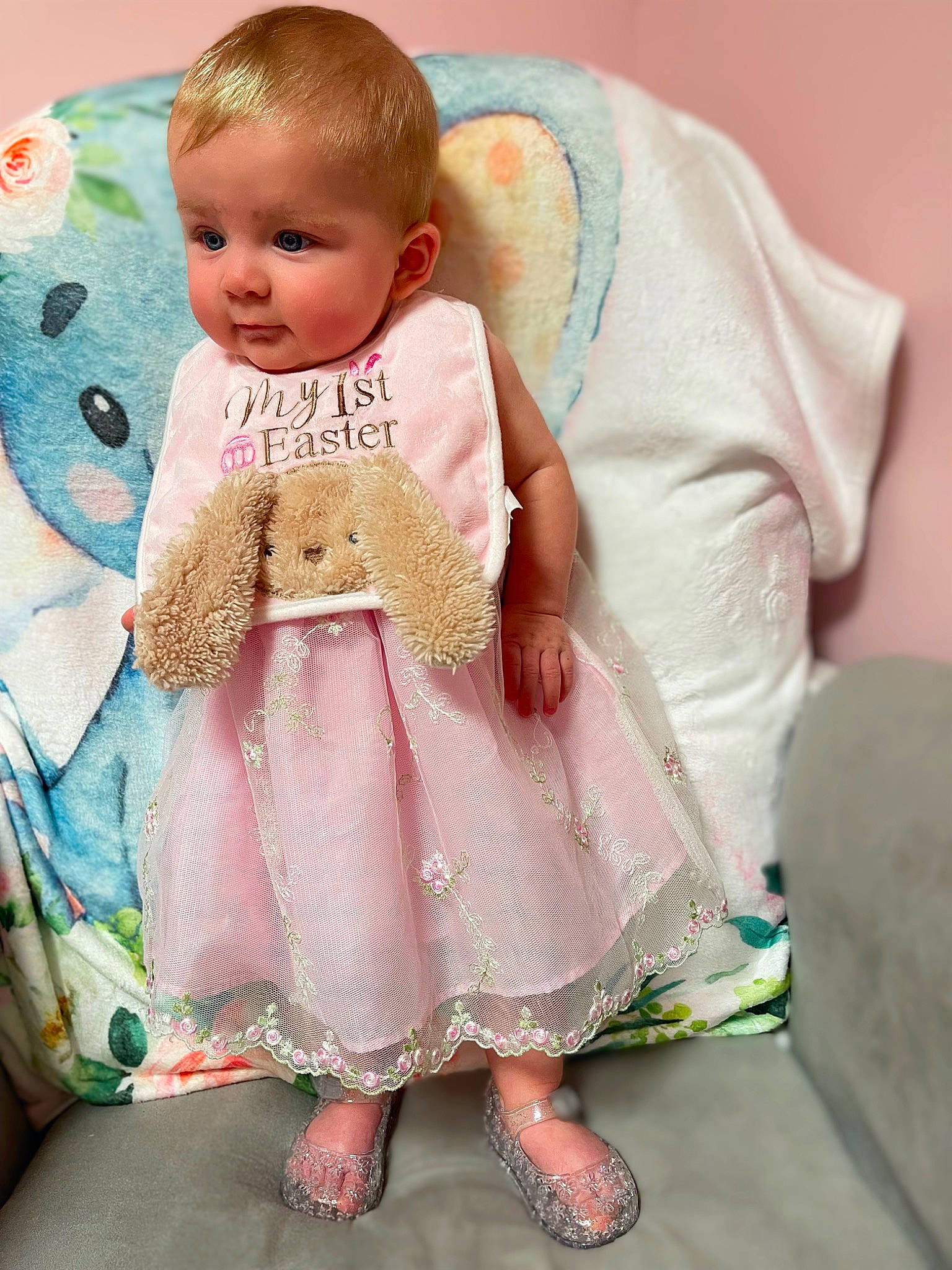 Emma joined the competition — help win amazing prizes! baby, baby_products, baby_toddler_clothing, cheek, child, comfort, dress, embellishment, eye, fashion_accessory, hair_accessory, linens, pattern, peach, person, pink, sitting, skin, sleeve, toddler