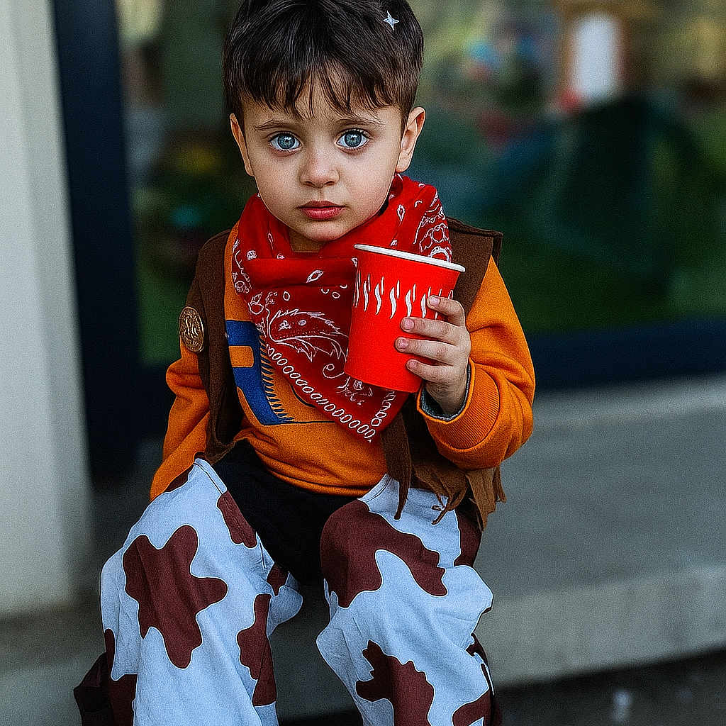 Ziyad participe au concours pour gagner de l'argent avec cette photo : background_blur, blue_eyes, boy, casual_clothing, child, colorful_clothing, cow_print_pants, curious_expression, daylight, fashion, footwear, holding_cup, orange_sweater, outdoor, playful, portrait, red_bandana, short_hair, sitting, young_child