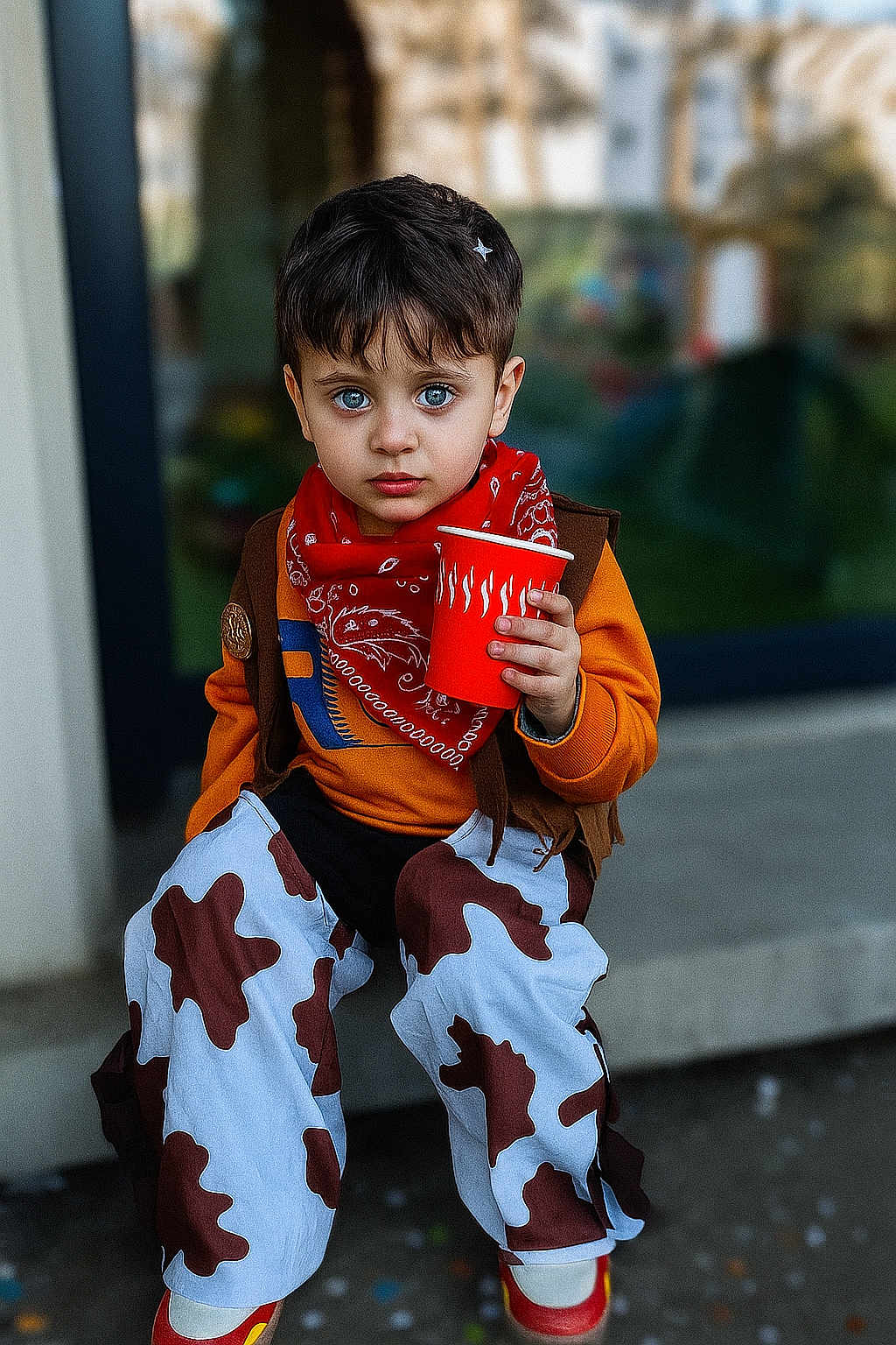 Ziyad participe au concours pour gagner de l'argent avec cette photo : background_blur, blue_eyes, boy, casual_clothing, child, colorful_clothing, cow_print_pants, curious_expression, daylight, fashion, footwear, holding_cup, orange_sweater, outdoor, playful, portrait, red_bandana, short_hair, sitting, young_child