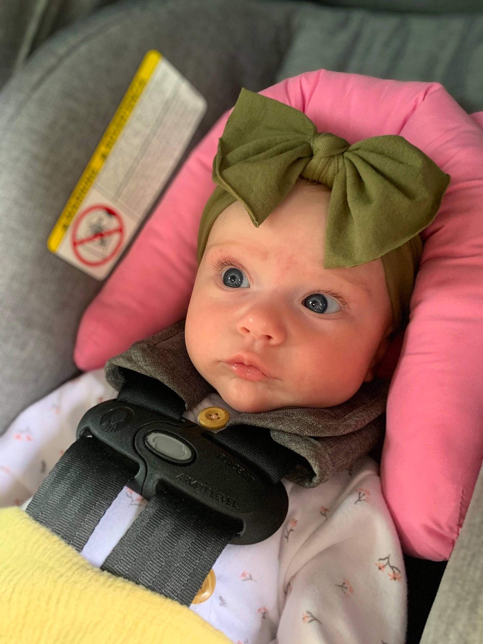 Vera is registered to the contest to win money with this photo: baby, baby_carriage, baby_products, baby_safety, baby_sleeping, car_seat, carmine, cheek, child, comfort, eye, fashion_accessory, finger, headwear, linens, nose, person, skin, stuffed_toy, textile