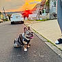 Stunner joined the competition — help win amazing prizes! animal, blue_eyes, car, dog, evening, french_bulldog, happy, harness, leash, outdoor, paw, person, pet, sidewalk, slippers, street, sunset, tongue_out, urban, walking