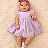 baby, infant, child, dress, headwrap, bow, shoes, white_shoes, fluffy_rug, purple_dress, cute, lying_down, portrait, indoors, soft_texture, adorable, young_child, fashion, comfortable, happy