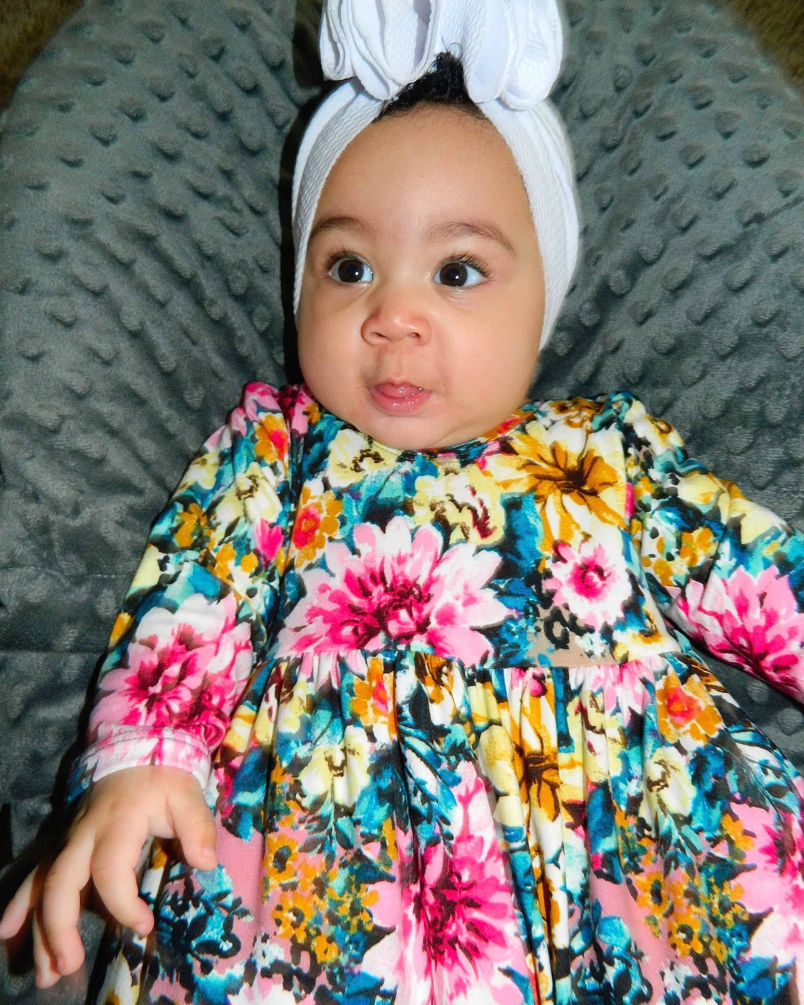 Arabella joined the competition — help win amazing prizes! baby, cheek, child, child_model, clothing, crochet, dress, eye, fashion_accessory, hair_accessory, head, headband, headgear, iris, pattern, person, pink, textile, toddler, wool
