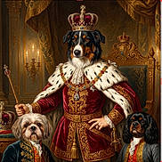 Pépito participe au concours pour gagner de l'argent avec cette photo : dog, portrait, royalty, crown, robe, scepter, throne, luxury, regal, costume, historical, fancy_clothing, decor, candles, king, noble, ceremony, animal_portrait, indoor, elegant