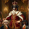 dog, portrait, royalty, crown, robe, scepter, throne, luxury, regal, costume, historical, fancy_clothing, decor, candles, king, noble, ceremony, animal_portrait, indoor, elegant