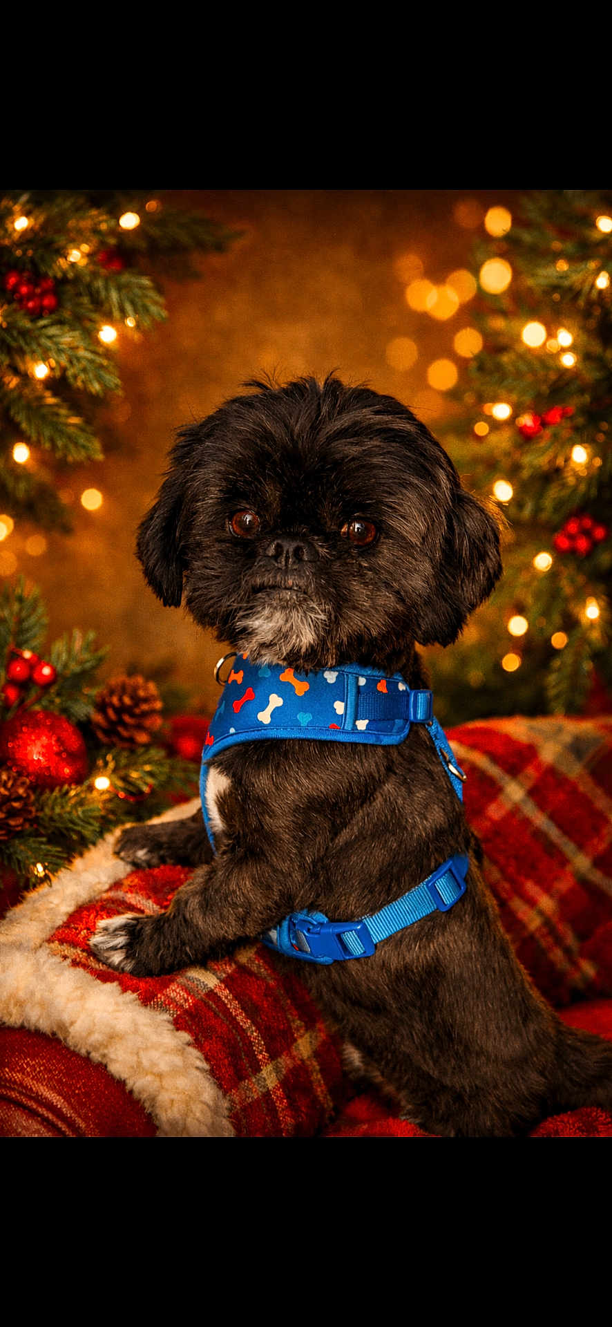 Roberto joined the competition — help win amazing prizes! dog, small_dog, black_dog, blue_harness, plaid_blanket, christmas_decorations, pine_cones, red_berries, twinkling_lights, holiday, festive, cozy, indoor, pet, animal, cute, portrait, warm_lighting, fur, seated