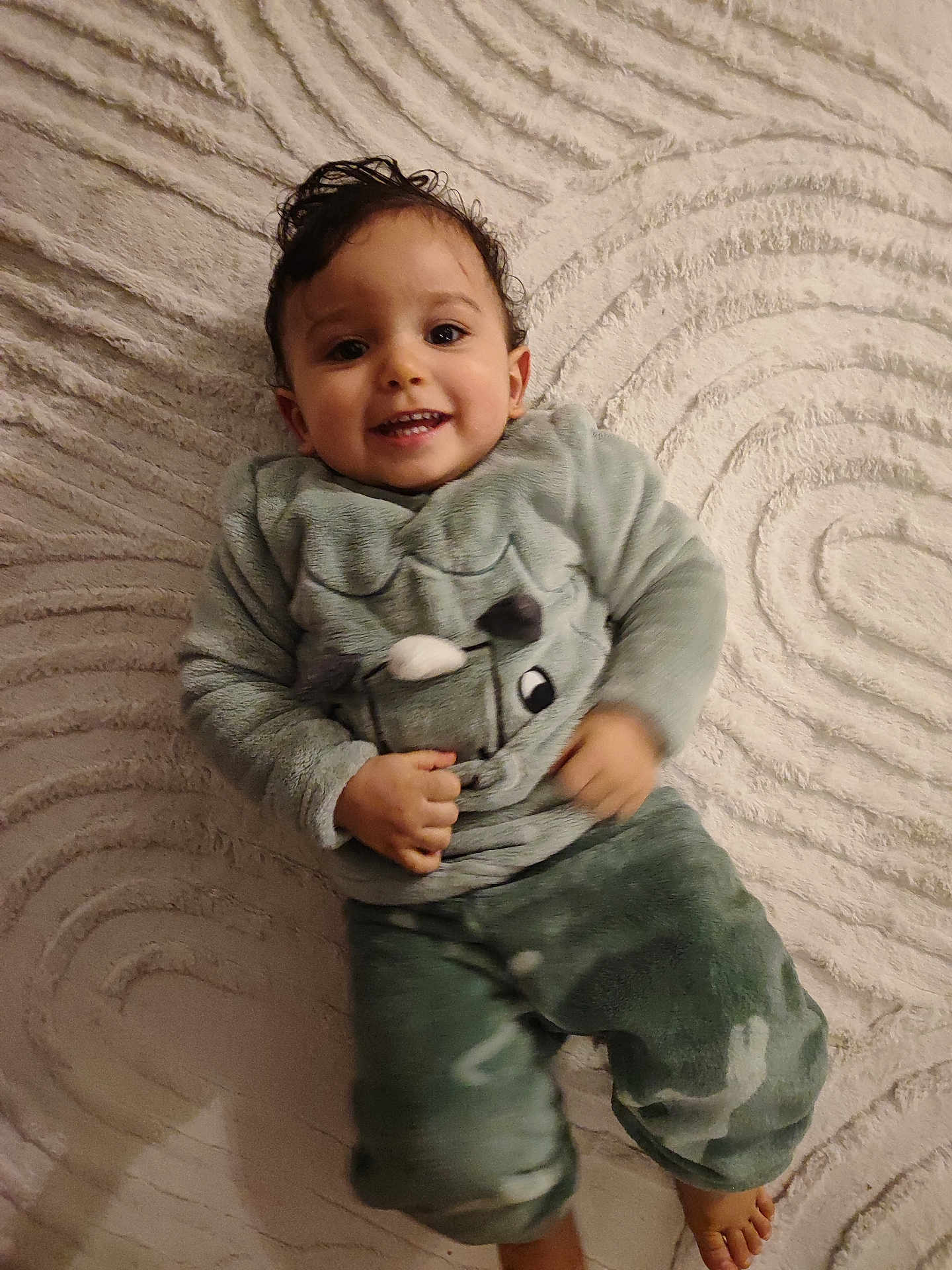 Amir participe au concours pour gagner de l'argent avec cette photo : toddler, child, smile, happy, carpet, green_clothing, sweater, pants, barefoot, indoor, cute, portrait, baby, fun, cozy, texture, playful, young_child, person, laying