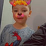 child, boy, face_filter, dog_ears, dog_nose, flower_crown, spiderman_shirt, indoor, wall, person, casual_clothing, short_hair, portrait, smiling, young_child, colorful_filter, arm, tshirt, comic_character, playful