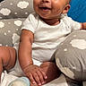 baby, blanket, child, cloud_pattern, comfort, cushion, cute, expression, footwear, hand, happy, indoor, infant, onesie, person, portrait, seated, skin, smile, sock