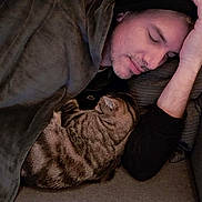 Uzi participe au concours pour gagner de l'argent avec cette photo : man, cat, sleeping, couch, blanket, indoor, resting, cozy, comfort, pet, feline, striped_cat, casual_clothing, relaxation, human, arm, face, closed_eyes, home, nap