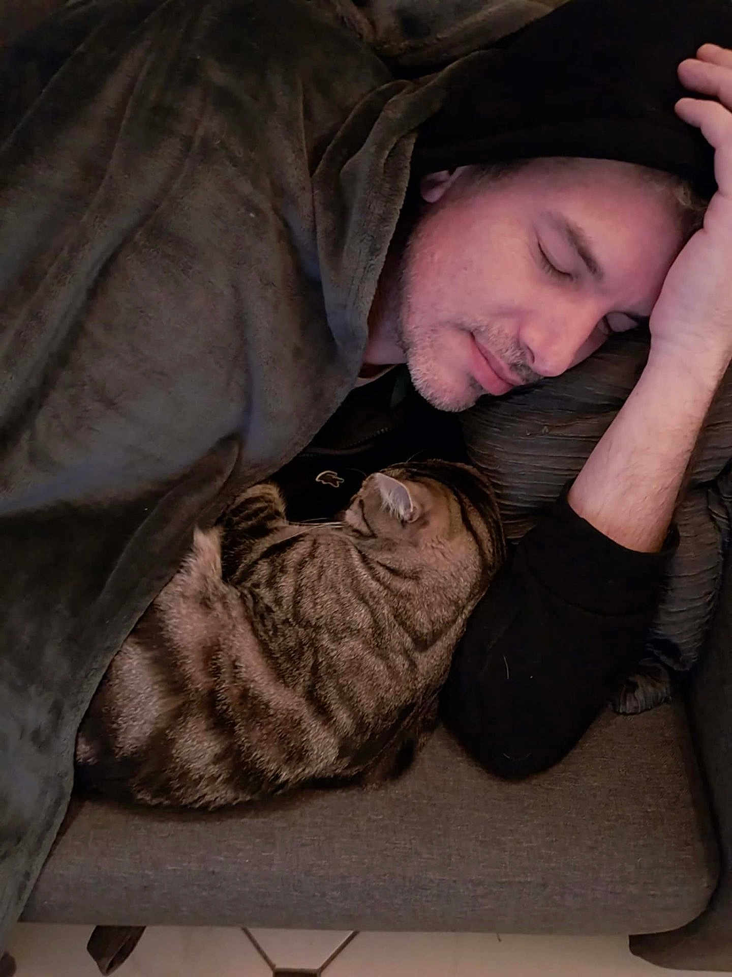 Uzi participe au concours pour gagner de l'argent avec cette photo : man, cat, sleeping, couch, blanket, indoor, resting, cozy, comfort, pet, feline, striped_cat, casual_clothing, relaxation, human, arm, face, closed_eyes, home, nap