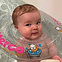 baby, bathtub, water, inflatable_ring, wet_hair, smile, face, child, cute, floating, bath_time, plastic, transparent, cartoon, toy, playful, skin, hand, pink_text, orange_text