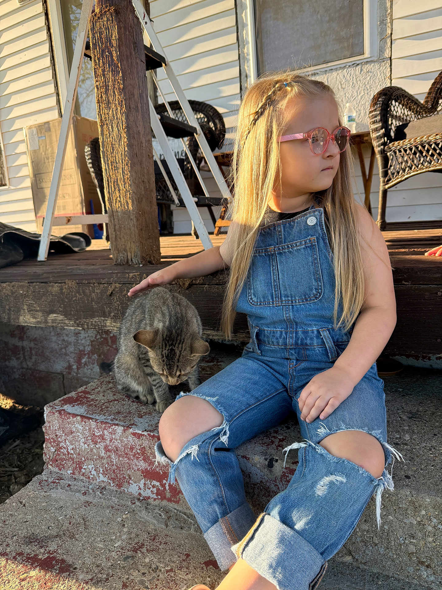 Della joined the competition — help win amazing prizes! child, girl, cat, denim_overalls, sunglasses, ripped_jeans, outdoor, porch, steps, wooden_post, wicker_chair, sunlight, petting, animal, casual_clothing, long_hair, blonde, concrete, relaxed, daylight