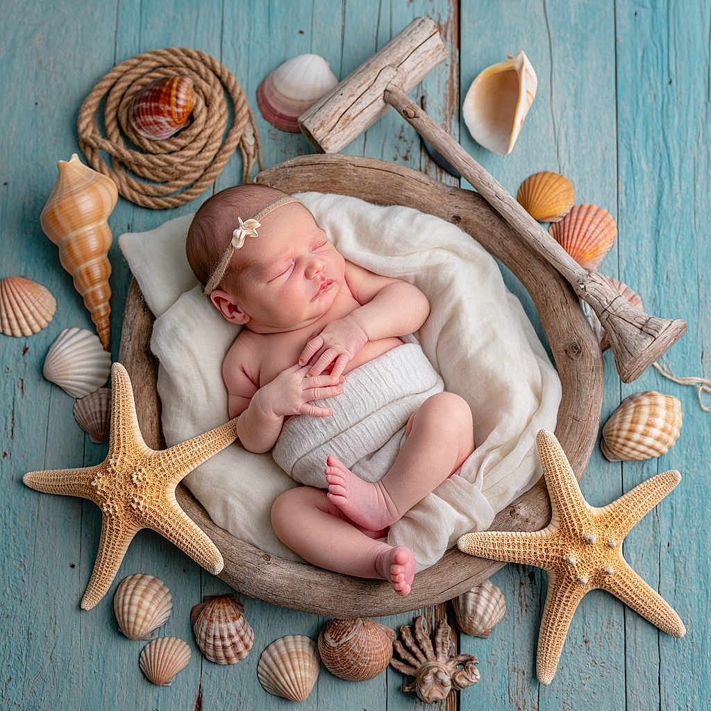 Tylie Rayne joined the competition — help win amazing prizes! baby, blue_floor, child, closeup, cute, decor, headband, infant, marine_theme, natural, newborn, peaceful, portrait, resting, rope, seashells, sleeping, soft_fabric, starfish, wooden_bowl