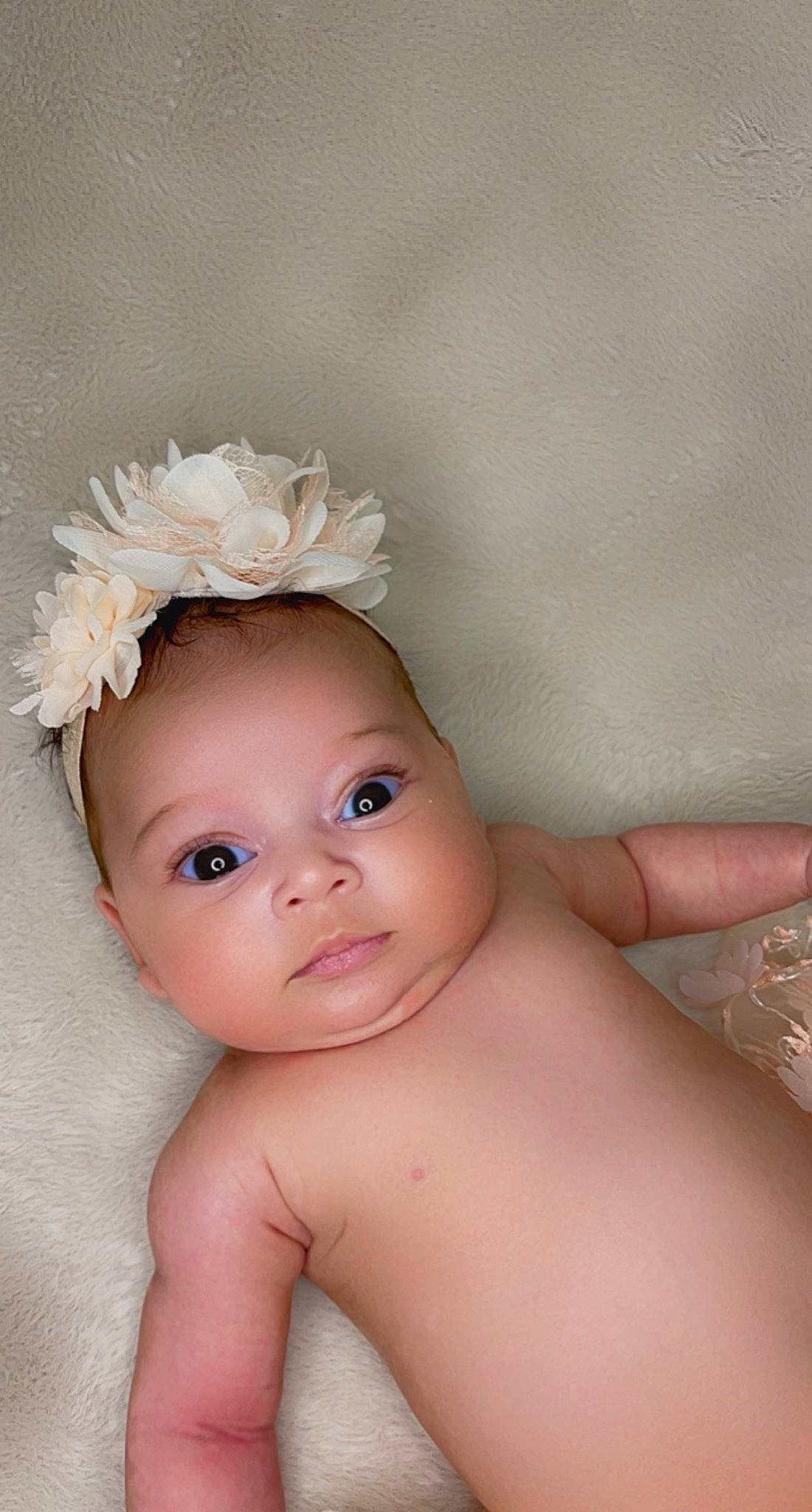 Mila joined the competition — help win amazing prizes! baby, baby_toddler_clothing, cheek, costume_hat, eye, eyelash, face, flash_photography, hair_accessory, happy, head, headband, headgear, headpiece, iris, lip, person, petal, skin, smile