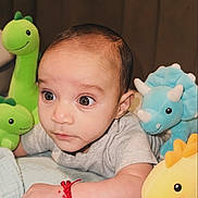Jeremiah is registered to the contest to win money with this photo: baby, baby_boy, baby_girl, blanket, child, clothing, curious, cute, dinosaur_toy, head, indoor, infant, person, plush_toy, portrait, red_bracelet, smile, soft_lighting, toy, wide_eyes