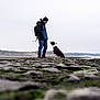 Neytiri participe au concours pour gagner de l'argent avec cette photo : man, dog, outdoor, rocky_shore, moss, backpack, winter_clothing, cloudy_sky, dunes, water, nature, standing, sitting, pet, interaction, casual, jeans, hat, footwear, landscape