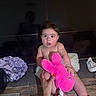 Alyssa joined the competition — help win amazing prizes! baby, child, plush_toy, pink_bunny, wooden_surface, purple_cushion, white_shoe, dark_background, reflection, person_silhouette, surprised_expression, sitting, bare_chest, hand, tattoo, floor, indoor, soft_toy, cute, portrait