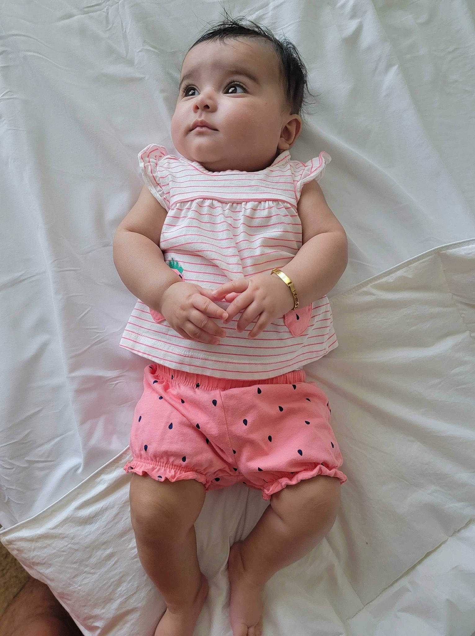 Gia joined the competition — help win amazing prizes! baby, baby_toddler_clothing, cheek, comfort, dress, eye, face, finger, gesture, hairstyle, iris, lip, person, pink, skin, sleeve, stomach, textile, thigh, toddler