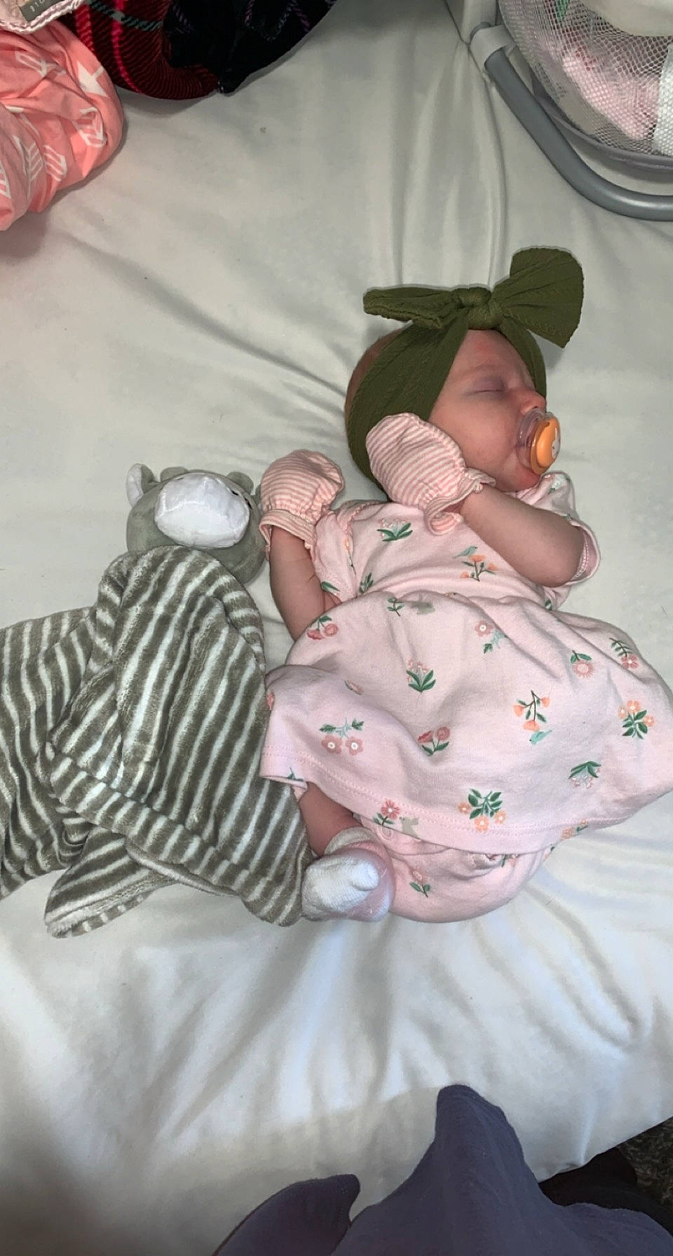 Emmalynn joined the competition — help win amazing prizes! baby, baby_products, baby_sleeping, baby_toddler_clothing, bedding, child, clothing, comfort, hat, headgear, linens, mammal, pattern, person, pink, sitting, sleeve, sun_hat, textile, toddler
